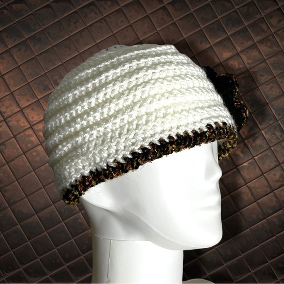 Handmade Crocheted Bun Ponytail Beanie White Brown with Flower Embellishment - Picture 2 of 8